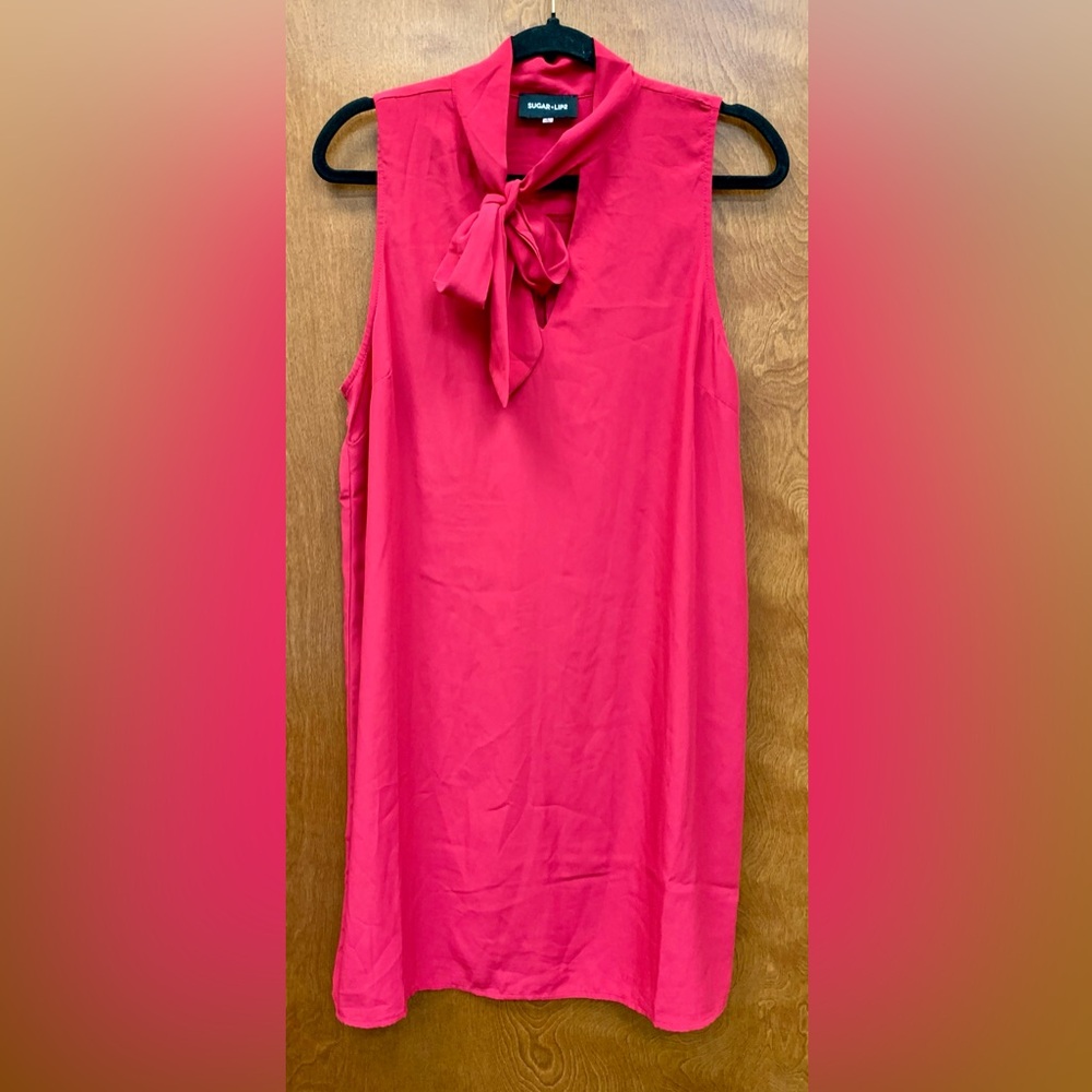 Sugar + Lips hot pink tie neck mini dress